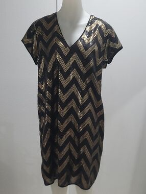 H&M Black and Gold Sequin Chevron Midi Dress
